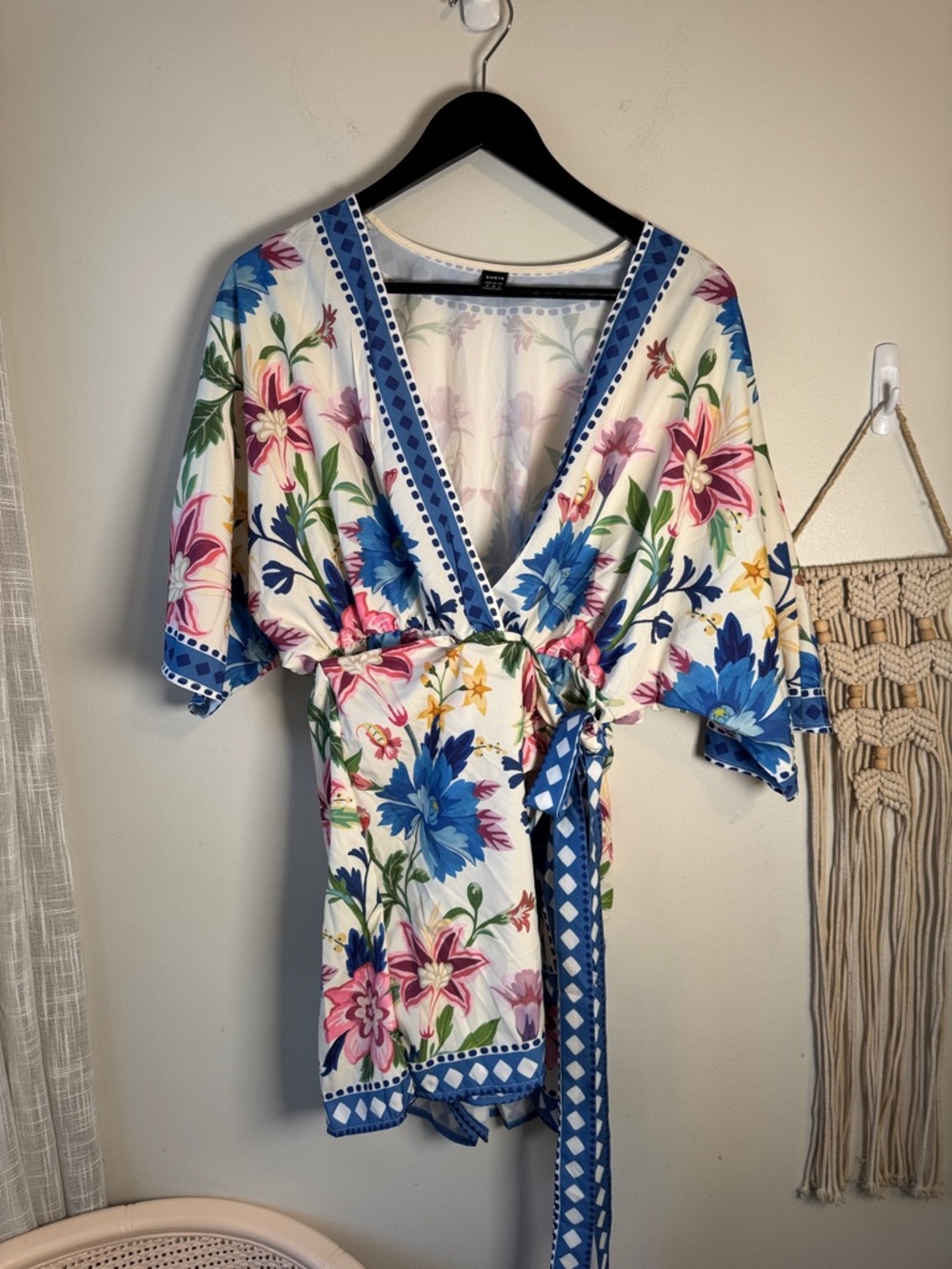 Like NEW SHEIN Wrap Romper with Pastel Floral Print and Cream Trim M